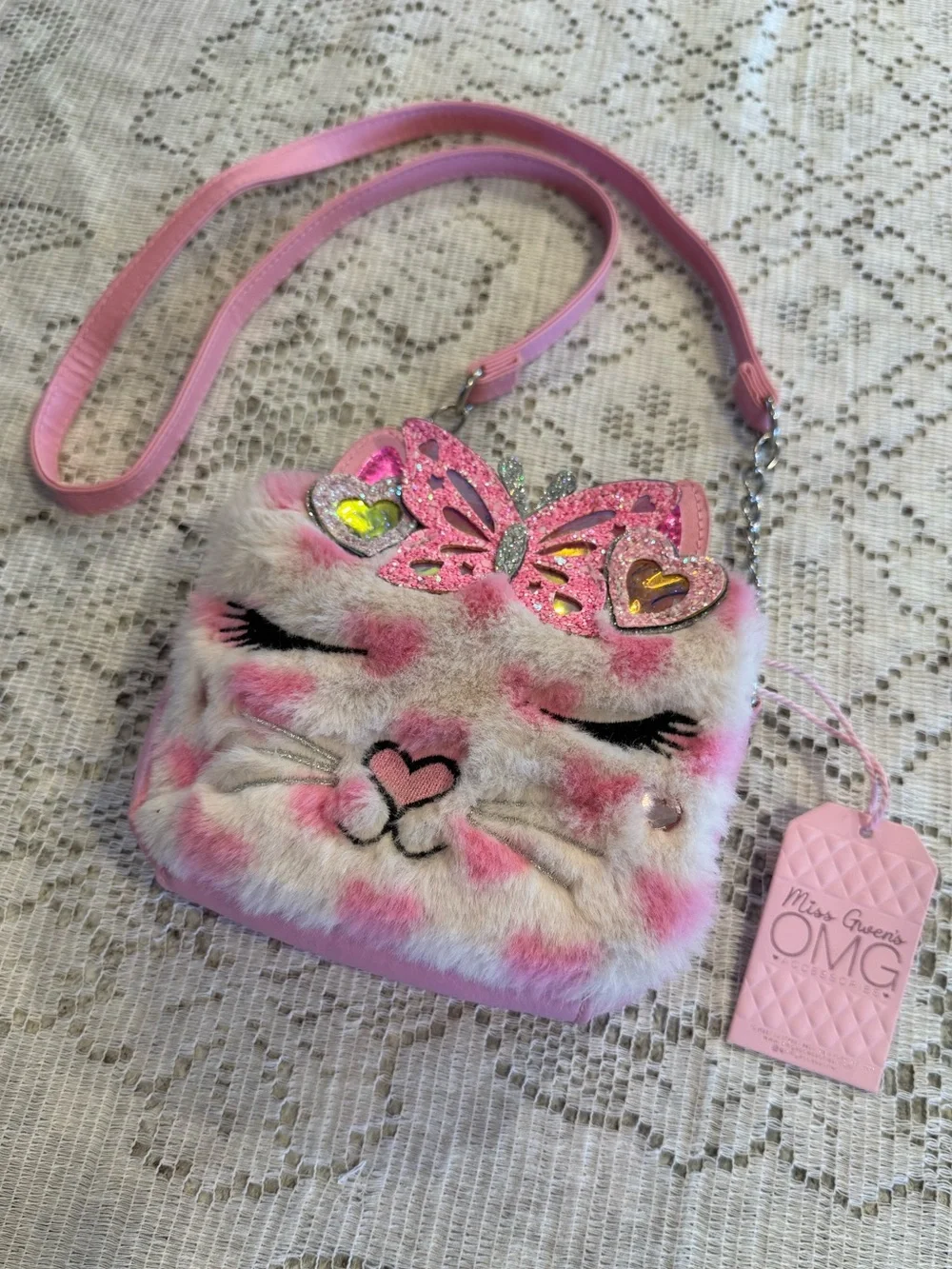 OMG Miss Gwen / Miss Bella Cat Faux Fur pink Crossbody Bag crown NWT